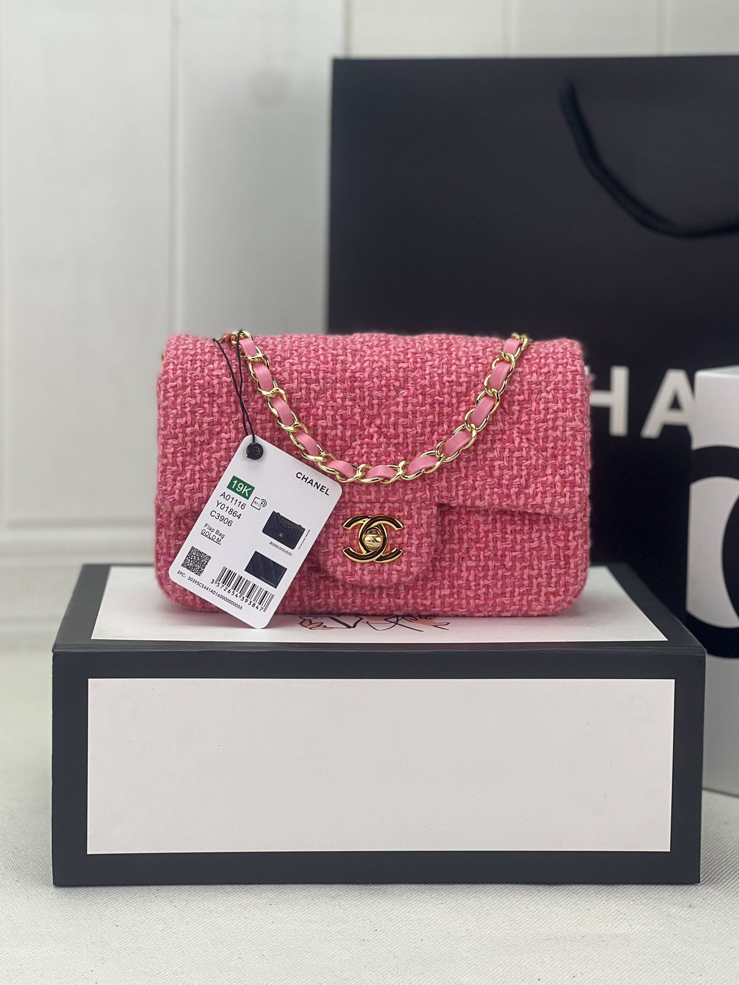 Ch*el mini classic 11.12 handbag tweed & gold-tone metal 4.7 × 7.8 × 2.3 in