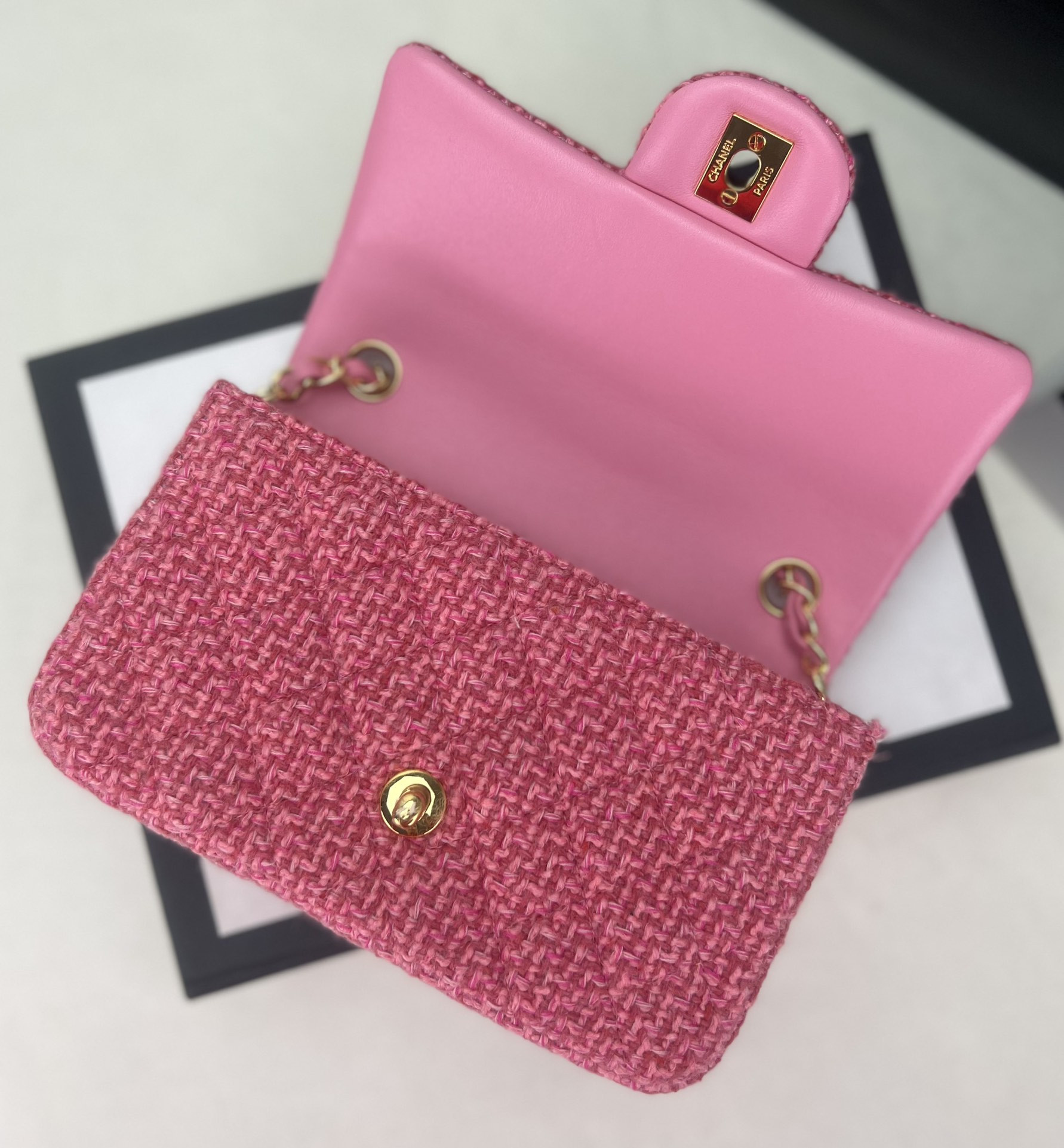 Ch*el mini classic 11.12 handbag tweed & gold-tone metal 4.7 × 7.8 × 2.3 in