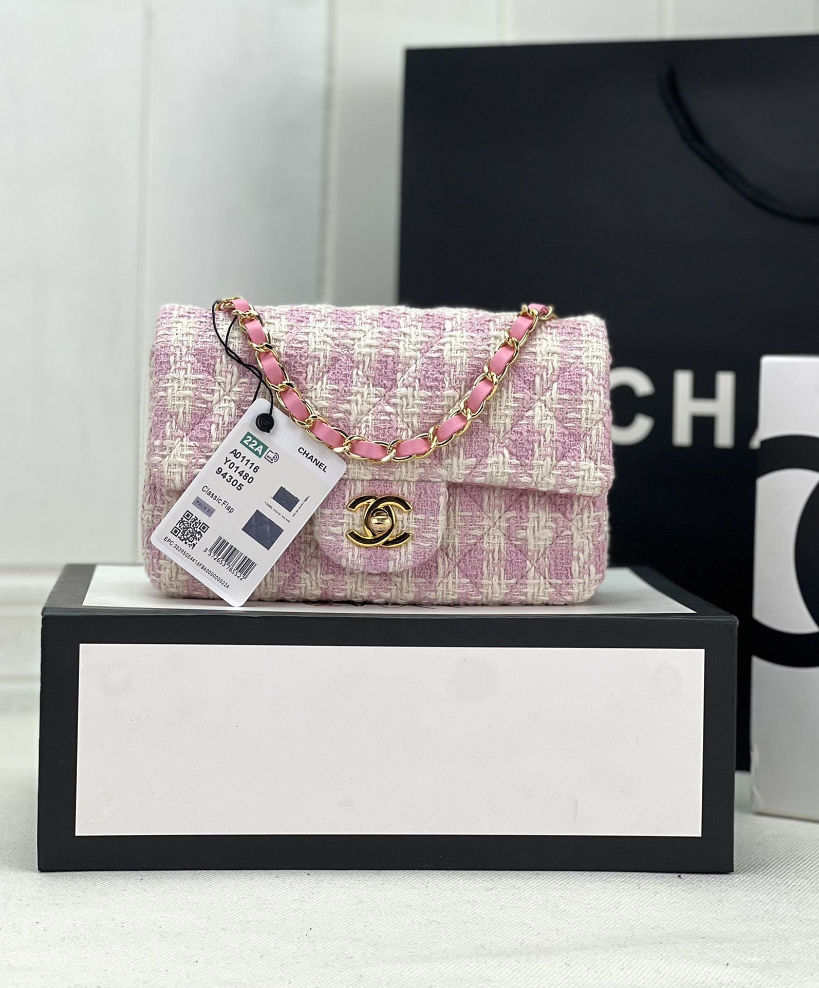 Ch*el mini classic 11.12 handbag tweed & gold-tone metal 4.7 × 7.8 × 2.3 in