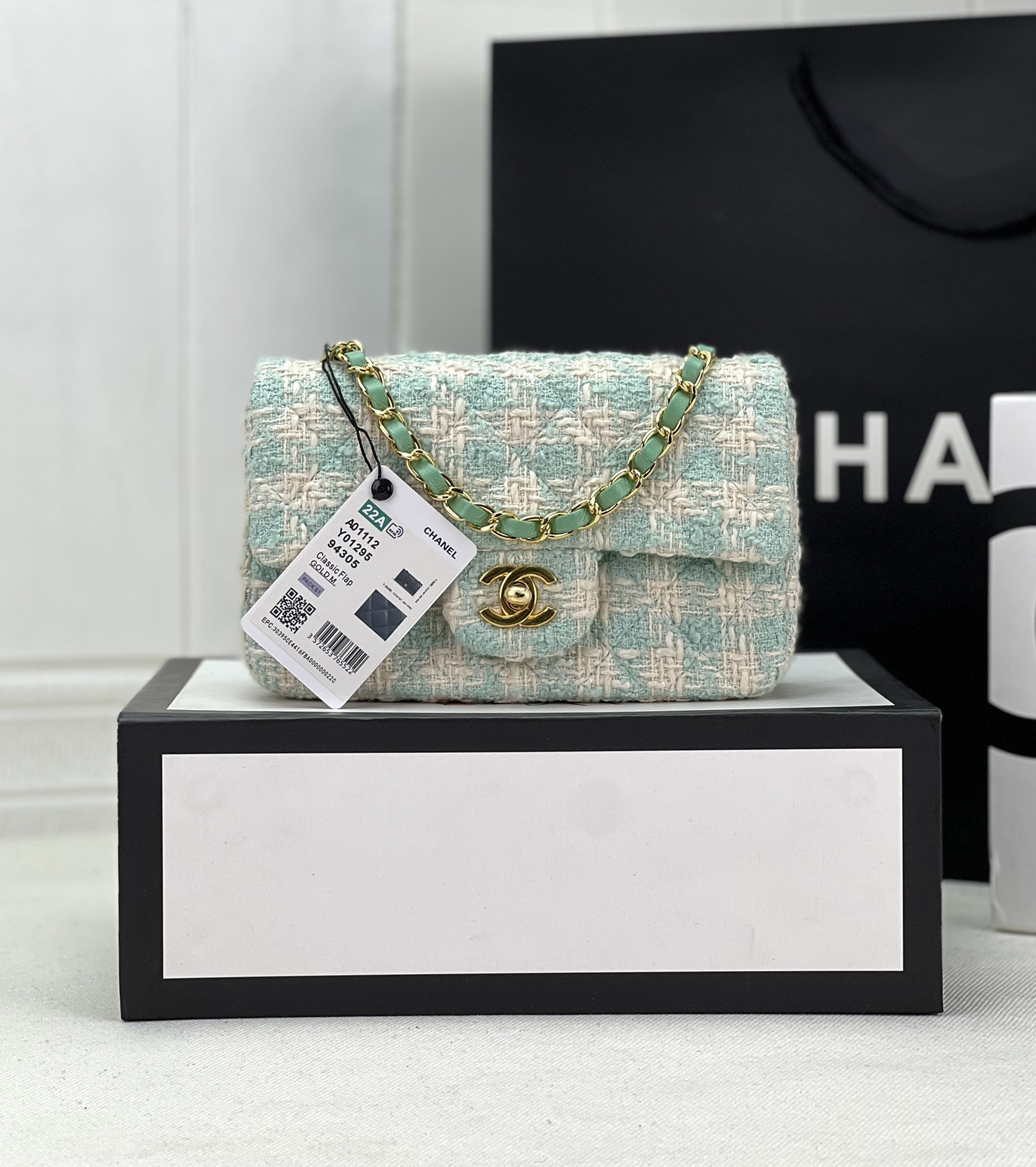 Ch*el mini classic 11.12 handbag tweed & gold-tone metal 4.7 × 7.8 × 2.3 in