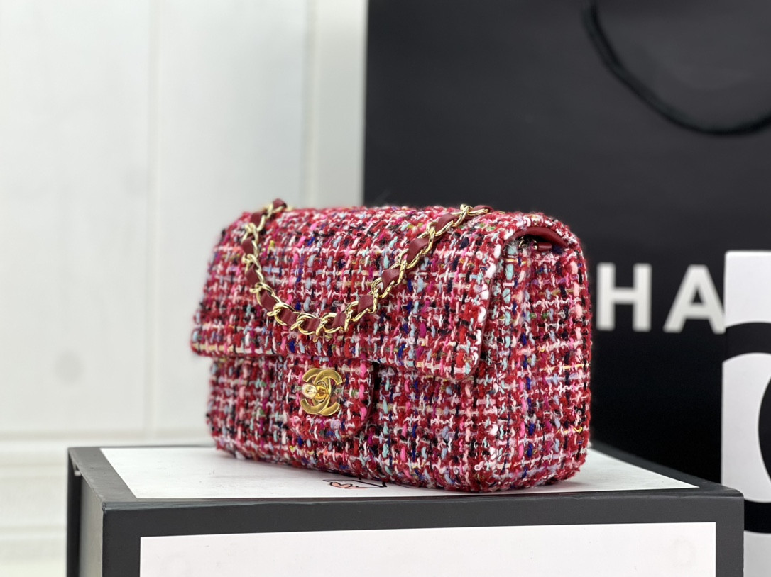 Ch*el mini classic 11.12 handbag tweed & gold-tone metal 4.7 × 7.8 × 2.3 in