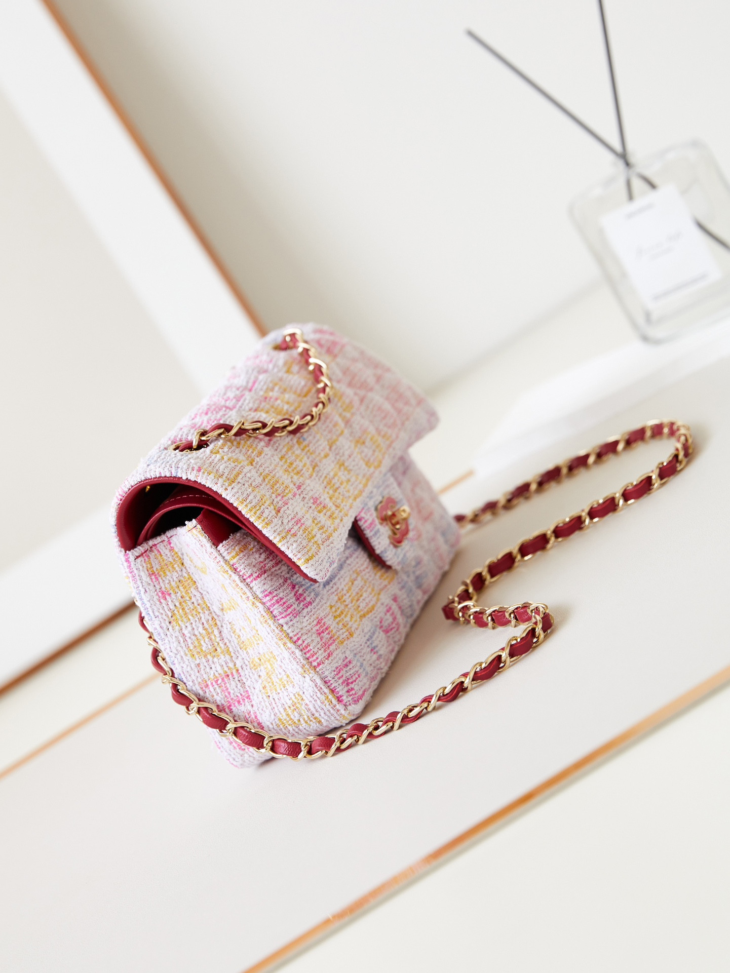 Ch*el quilted pink multicolor tweed rectangular flap bag 14.5 × 23 × 6 cm
