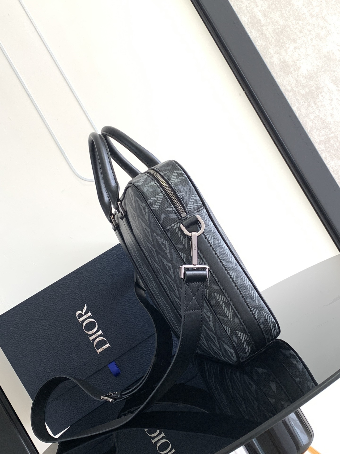 d*or zipped briefcase black cd Di*m*nd canvas and black grained calfskin  37 x 28 x 6 cm