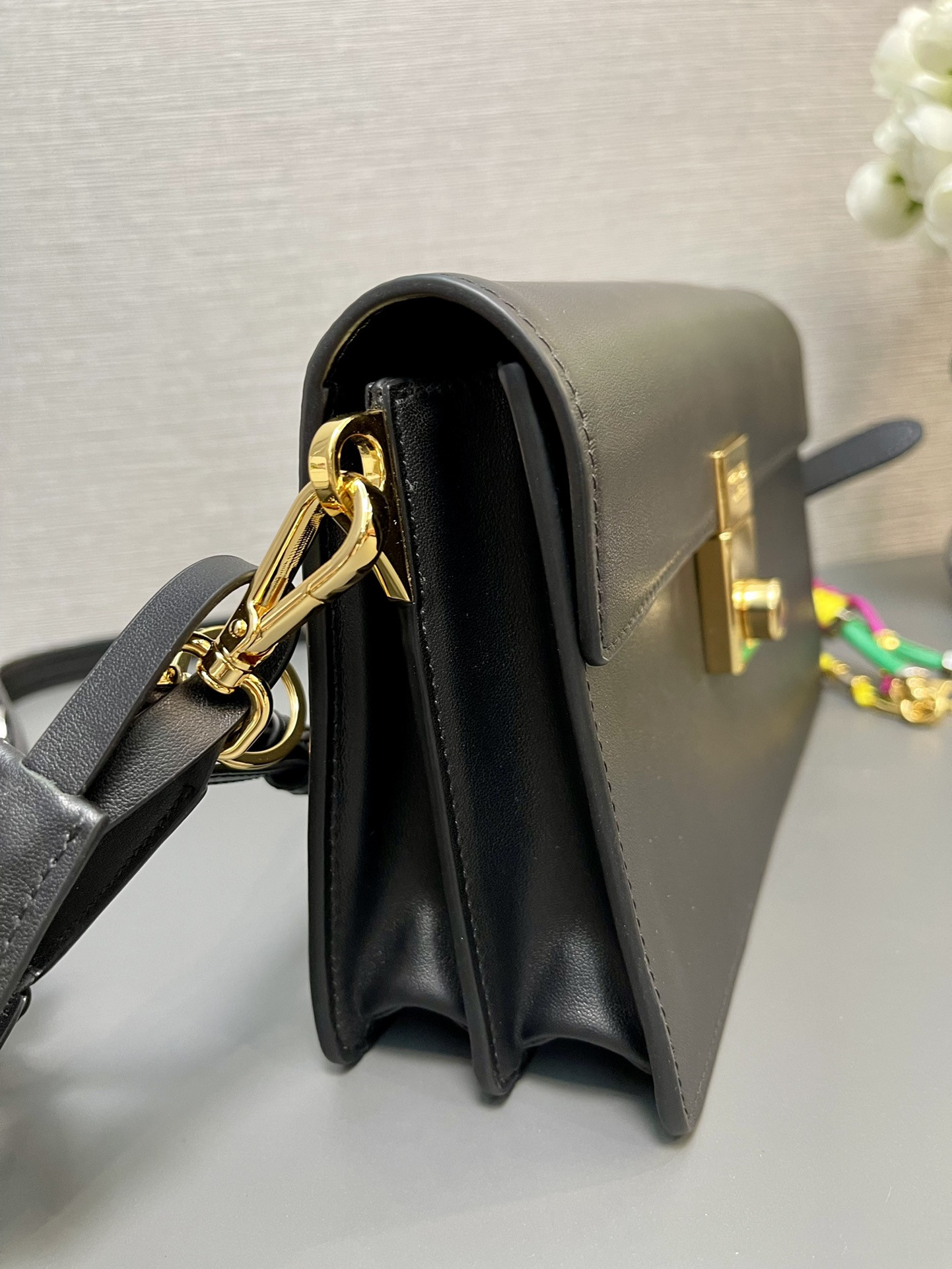 Pra*a soft sound small leather shoulder bag with charm 13.5x24x6cm